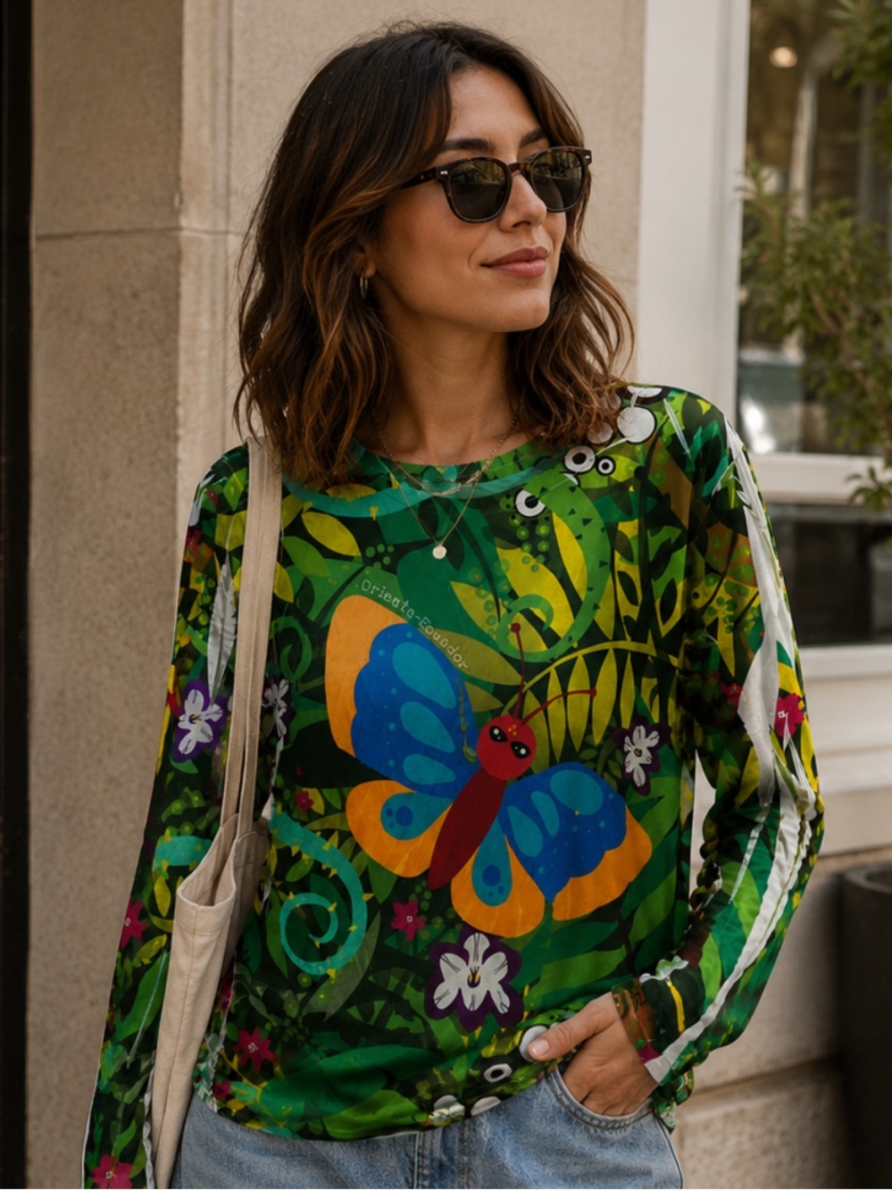 Women’s Green Butterfly-Print Long Sleeve Tee